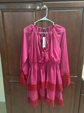 Pink & Red Tiered Dress wit Tie Collar